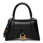 Shiny Calfskin Crocodile Embossed Small Hourglass Top Handle Bag  Black