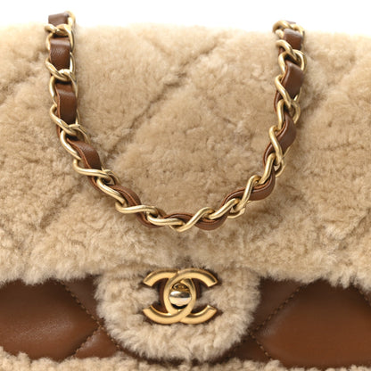 Shearling Lambskin Quilted Mini Furry Coco Flap Beige Dark Brown