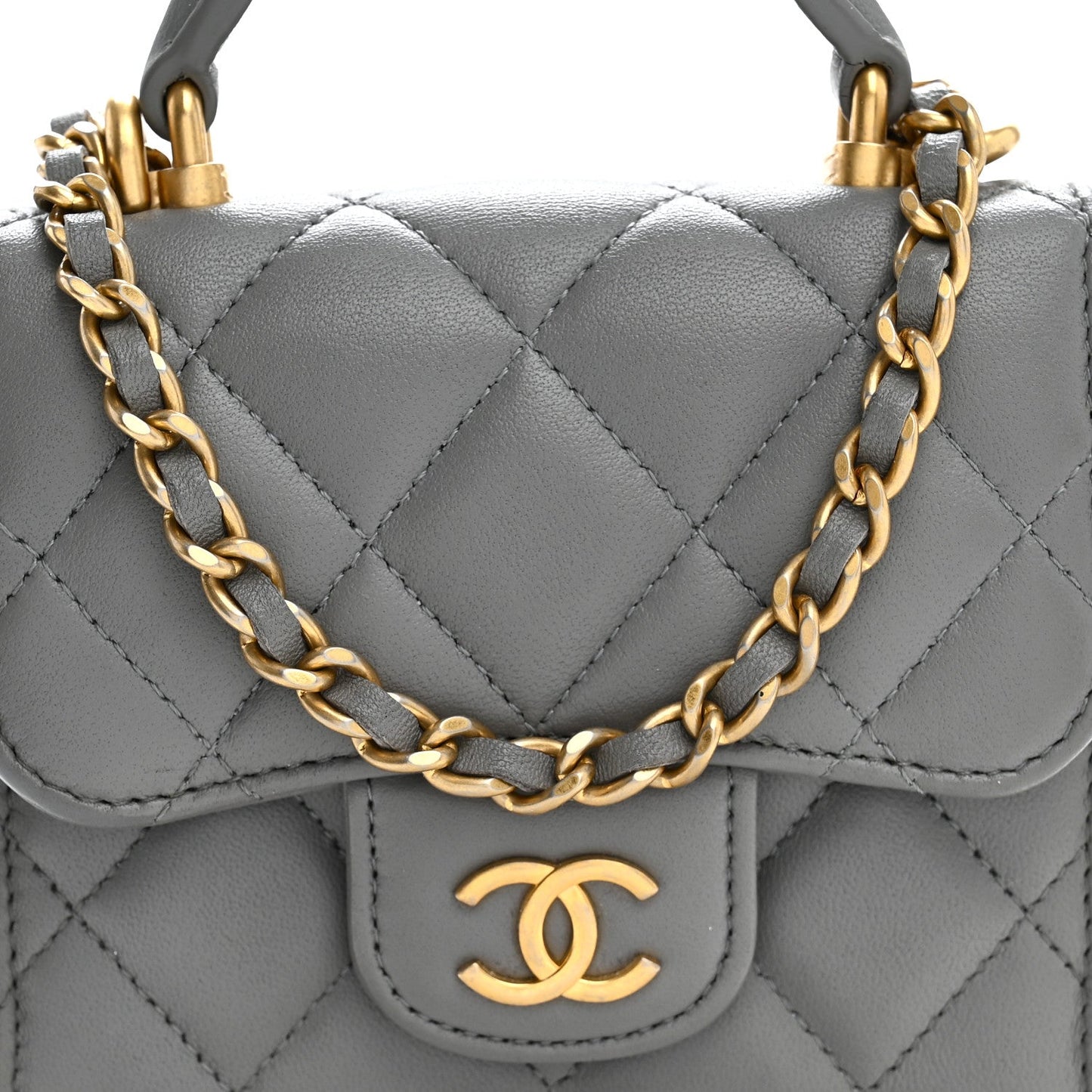 Lambskin Quilted Metal Top Handle Flap Clutch With Chain Grey