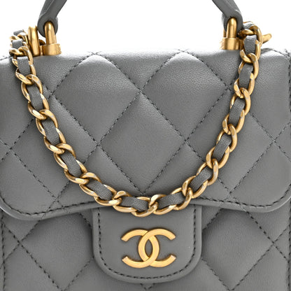 Lambskin Quilted Metal Top Handle Flap Clutch With Chain Grey