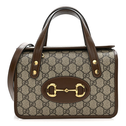 GG Supreme Monogram Azalea Calfskin Mini Horsebit 1955 Foldover Top Handle Bag Beige Ebony Brown Sugar