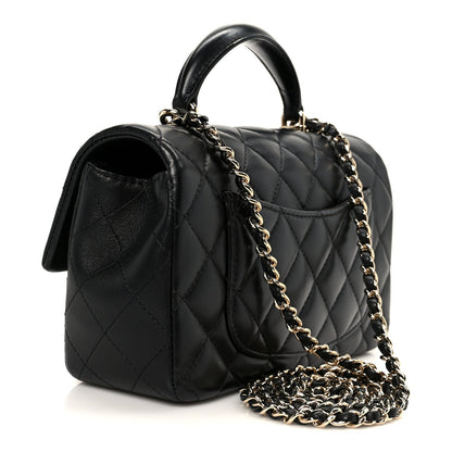 Lambskin Quilted Mini Top Handle Rectangular Flap Black