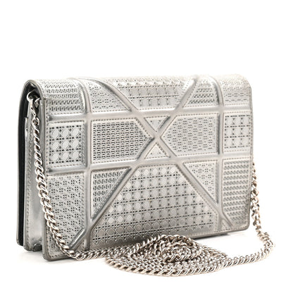 Metallic Patent Micro-Cannage Diorama Wallet on Chain Pouch Silver