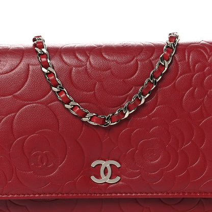 Lambskin Camellia Embossed Wallet on Chain WOC Red