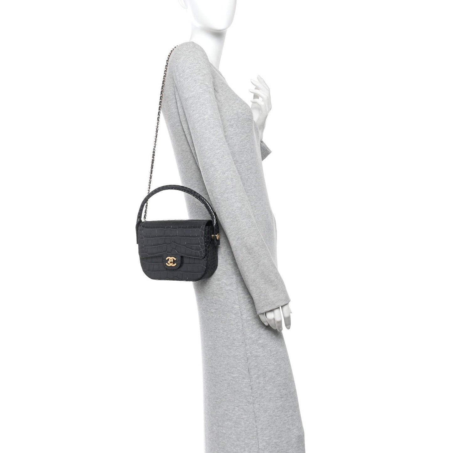 Calfskin Crocodile Embossed Turn Around Mini Flap Dark Grey