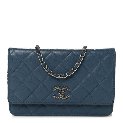 Shiny Caviar Quilted Enamel CC Wallet On Chain WOC Blue