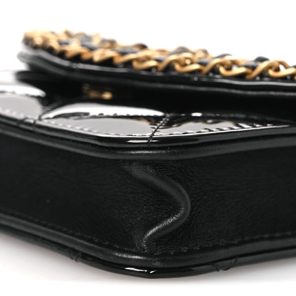 Patent Quilted Chain Around Heart Mini Chain Flap Black