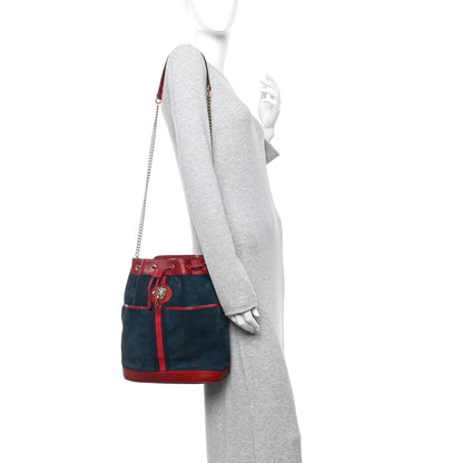 Suede Calfskin Web Medium Rajah Bucket Bag New Blue Romantic Cherry