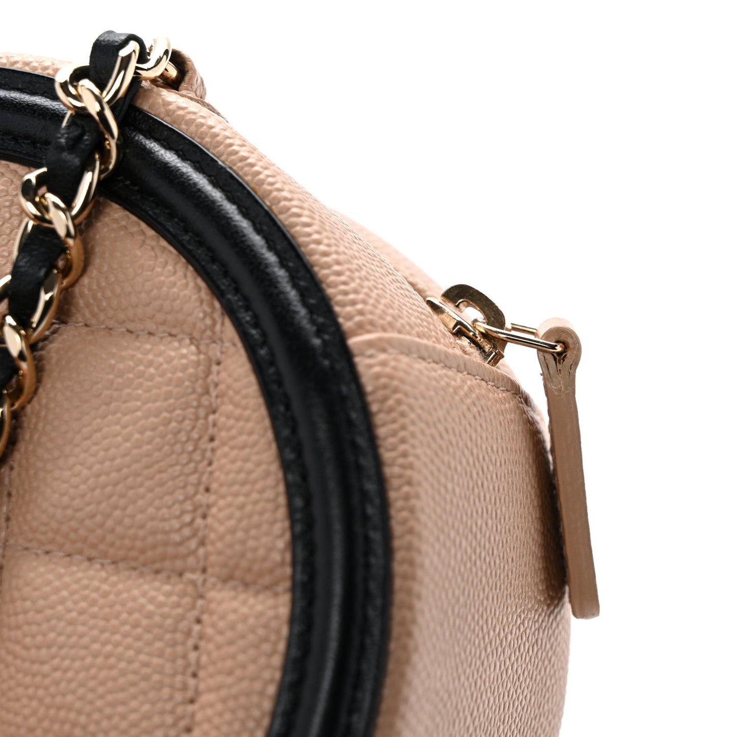 Caviar Quilted Round Filigree Crossbody Beige Black