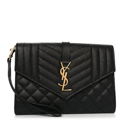 Grain De Poudre Textured Mixed Matelasse Triquilt Monogram Clutch Black