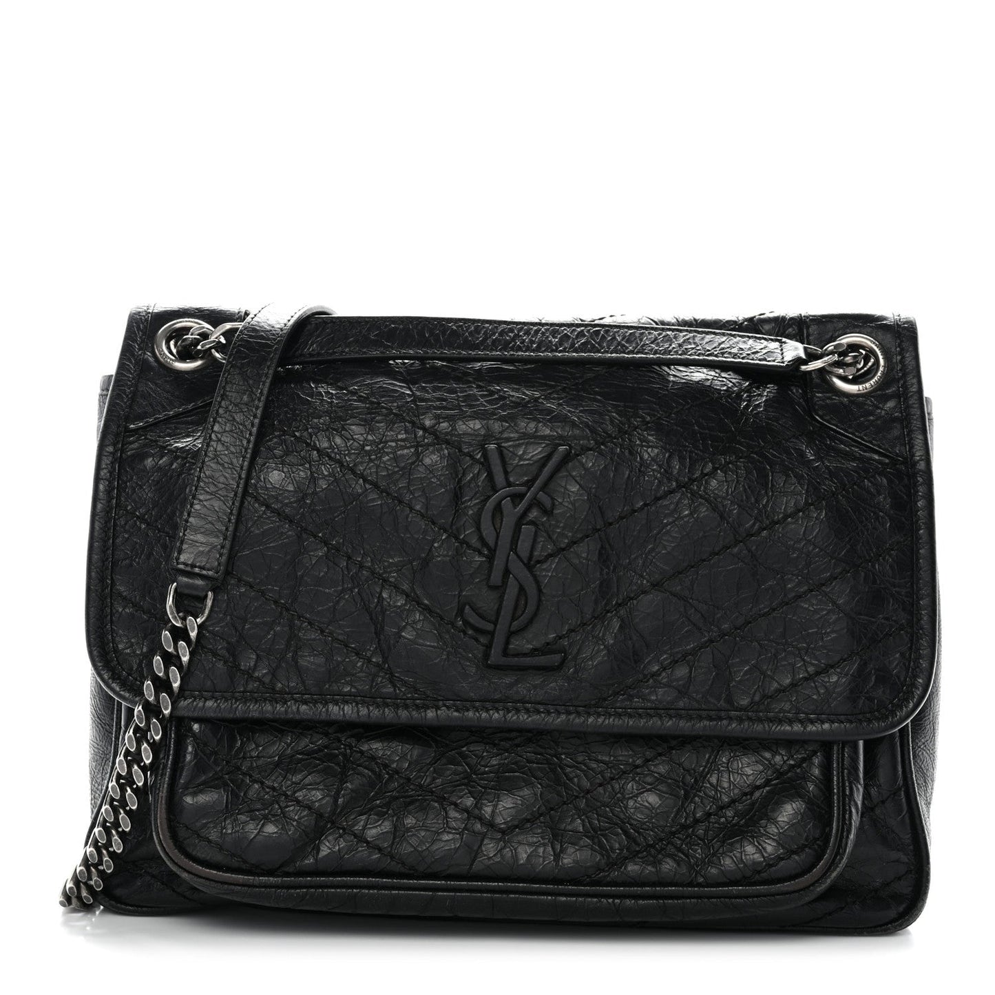 Crinkled Calfskin Matelasse Monogram Medium Niki Chain Satchel Black