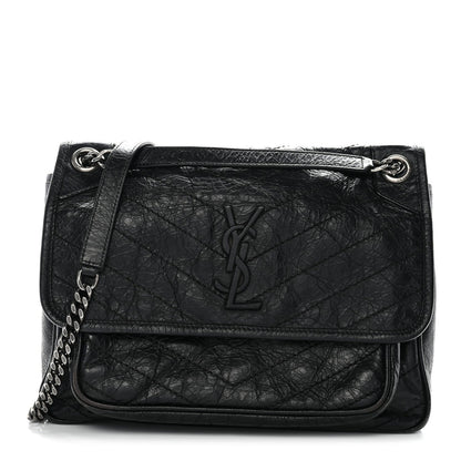 Crinkled Calfskin Matelasse Monogram Medium Niki Chain Satchel Black