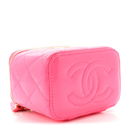 Patent Quilted Pearl Crush Mini Vanity Case With Chain Neon Pink