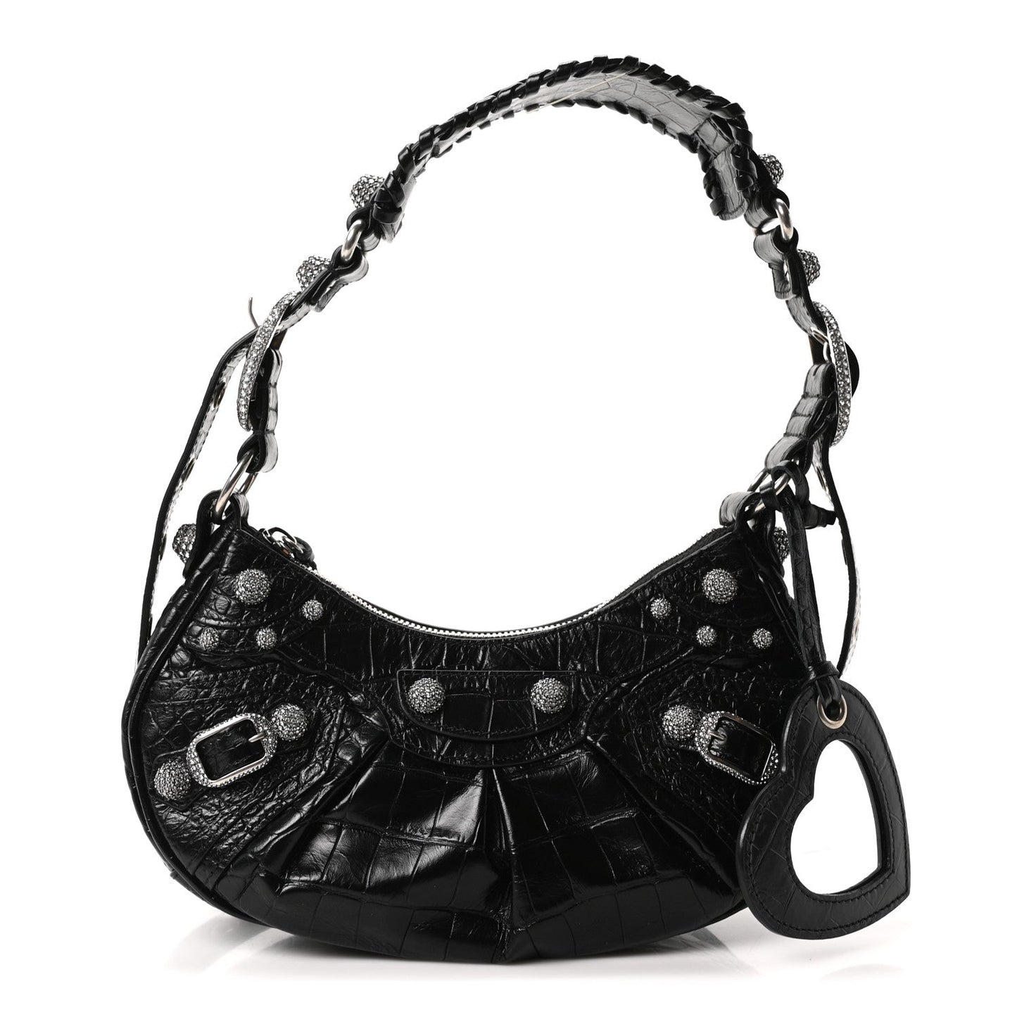 Extra Supple Calfskin Crystal Crocodile Embossed Le Cagole Shoulder Bag XS Black