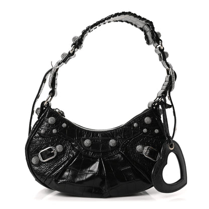 Extra Supple Calfskin Crystal Crocodile Embossed Le Cagole Shoulder Bag XS Black
