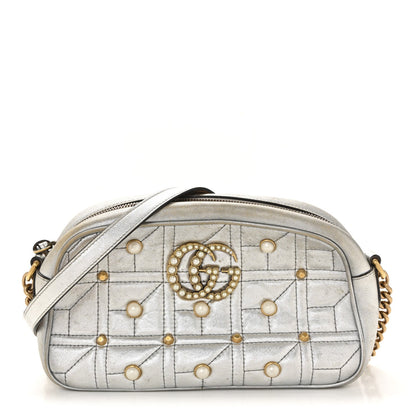 Metallic Calfskin Matelasse Studded Small Pearly GG Marmont Chain Shoulder Bag Silver