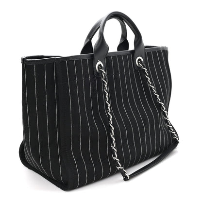 Canvas Calfskin Striped Medium Deauville Tote Black White