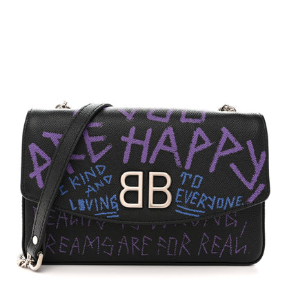 Grained Calfskin Graffiti BB Chain Wallet Black Bleu Violet