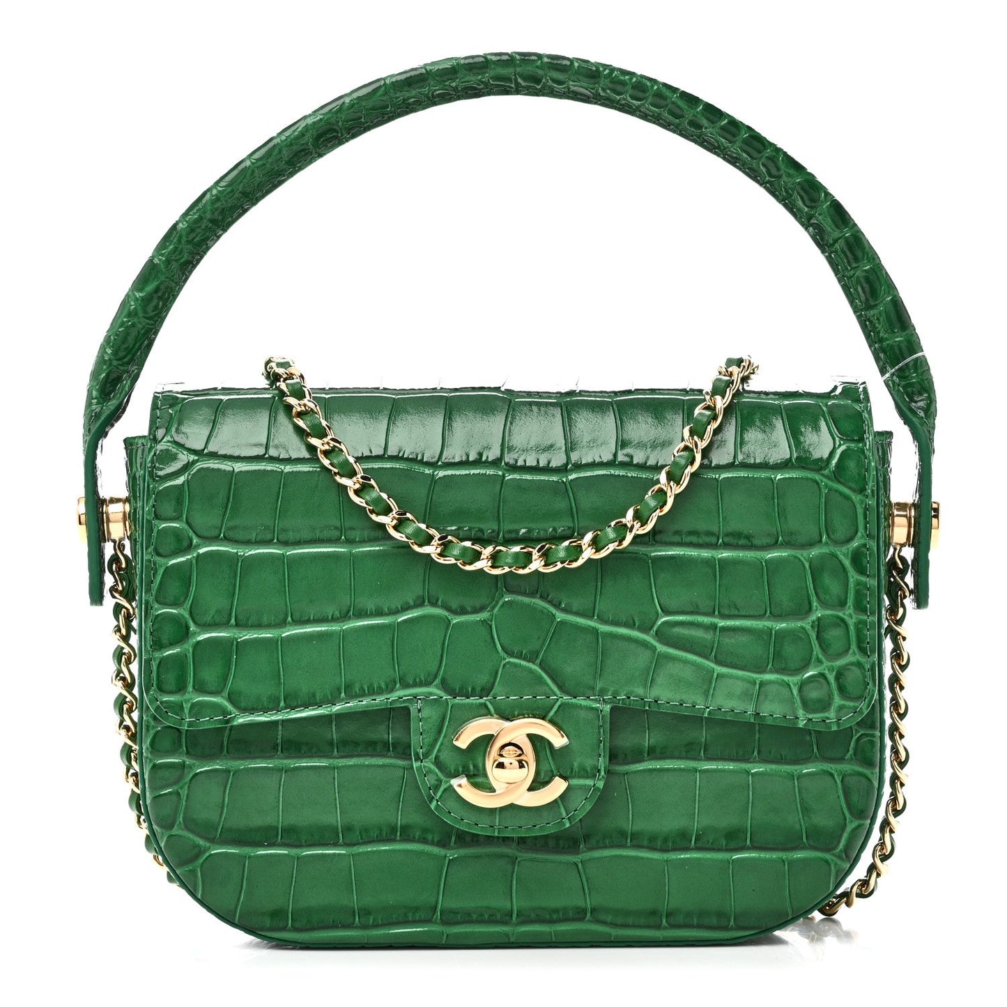 Calfskin Crocodile Embossed Turn Around Mini Flap Emerald