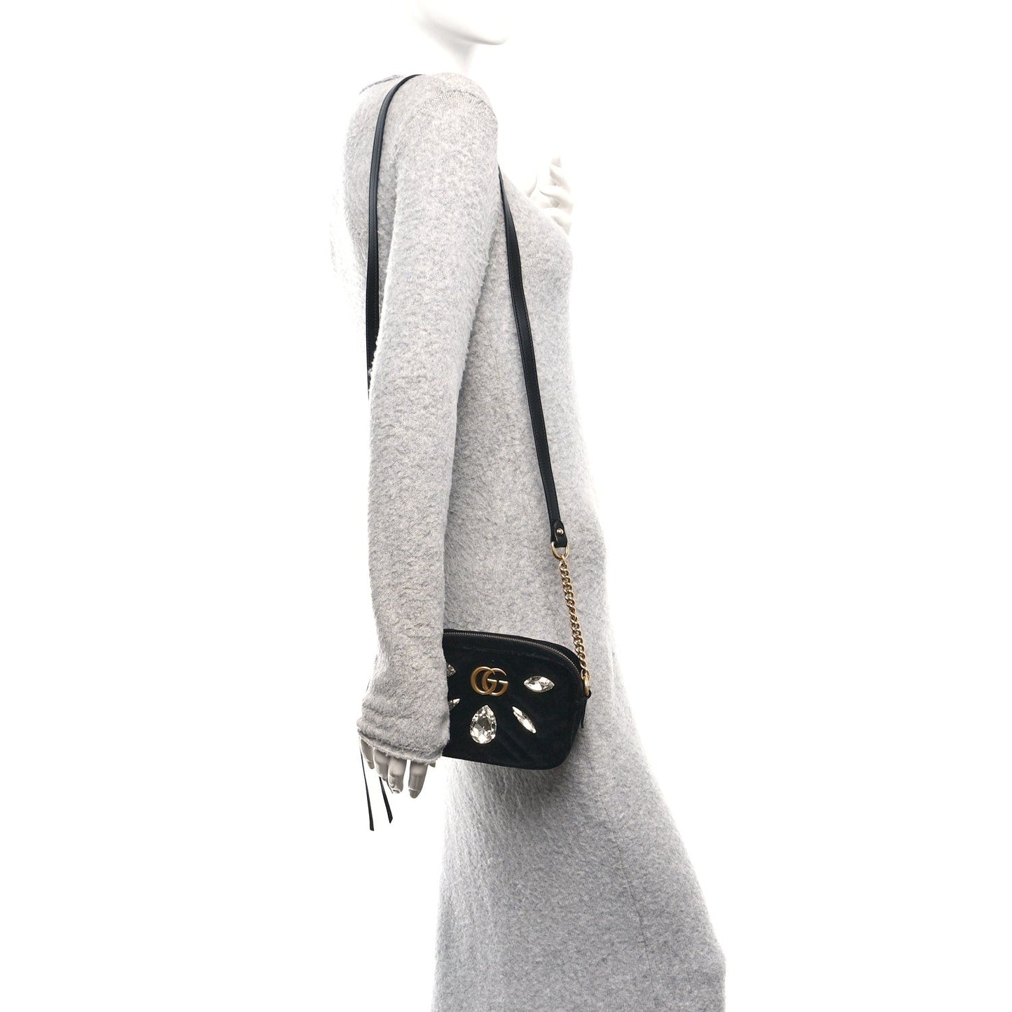 Velvet Matelasse Marquise Crystals Mini GG Marmont Chain Shoulder Bag Black