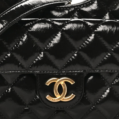 Shiny Crumpled Calfskin Quilted Small Wavy CC Hobo Black