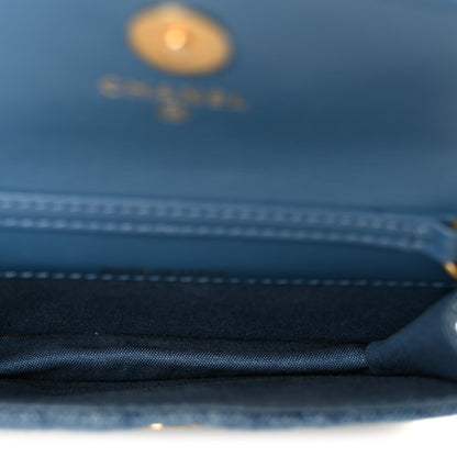 Denim Quilted CC Pearl Crush Clutch With Chain Blue