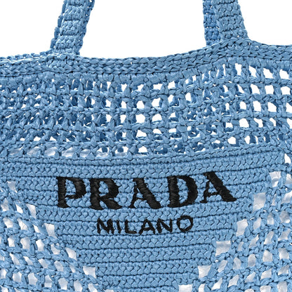 Yarn Raffia Effect Crochet Logo Embroidered Tote Bag Celeste