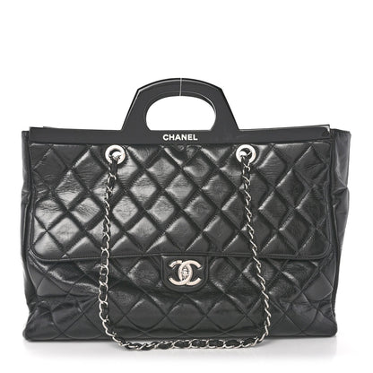 Glazed Calfskin Quilted Large CC Delivery Tote Black
