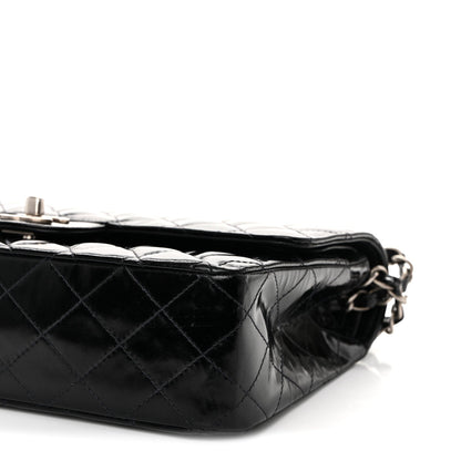 Glazed Calfskin Quilted Medium Double Flap Black