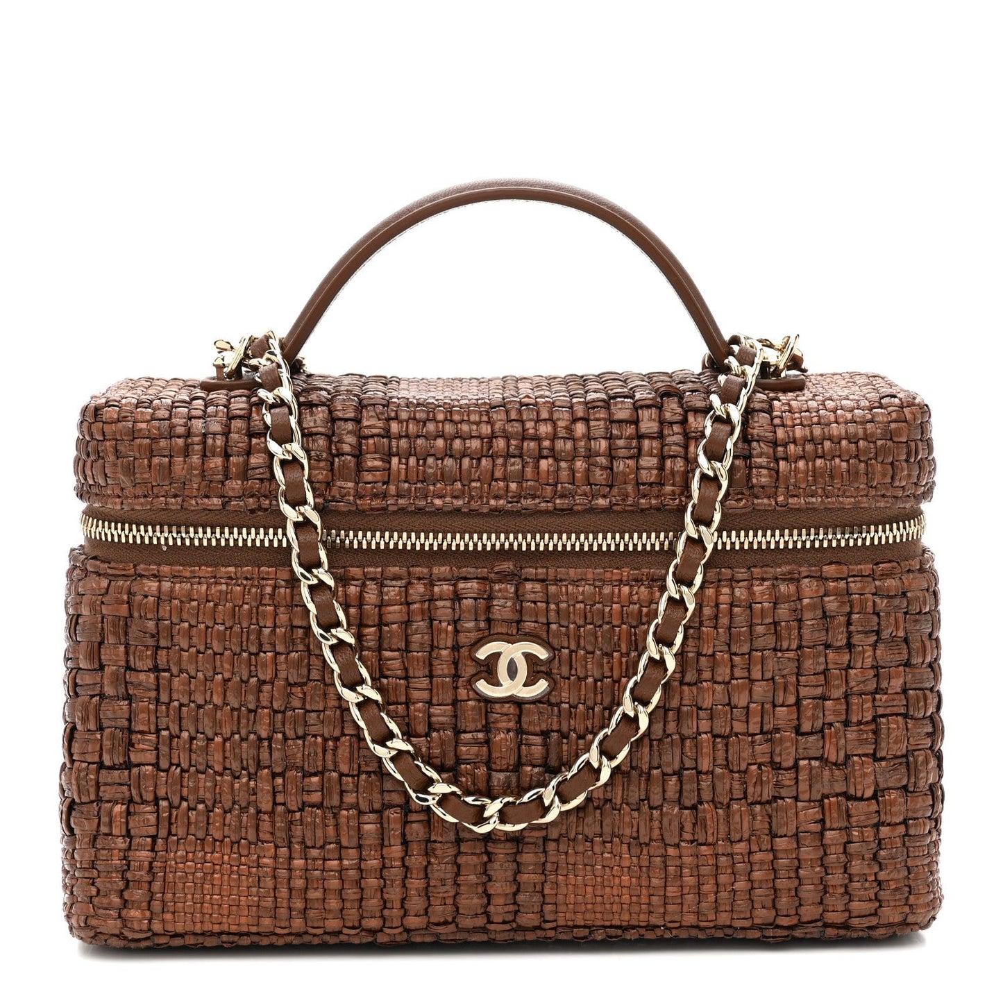 Braided Raffia Top Handle Slim Vanity With Chain Brown