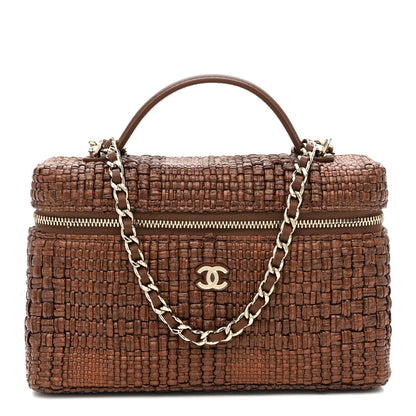 Braided Raffia Top Handle Slim Vanity With Chain Brown