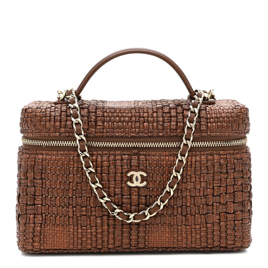 Braided Raffia Top Handle Slim Vanity With Chain Brown
