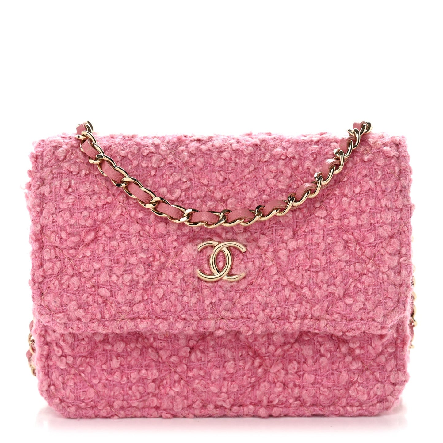 Tweed Quilted Flap Chain Waist Bag Pink