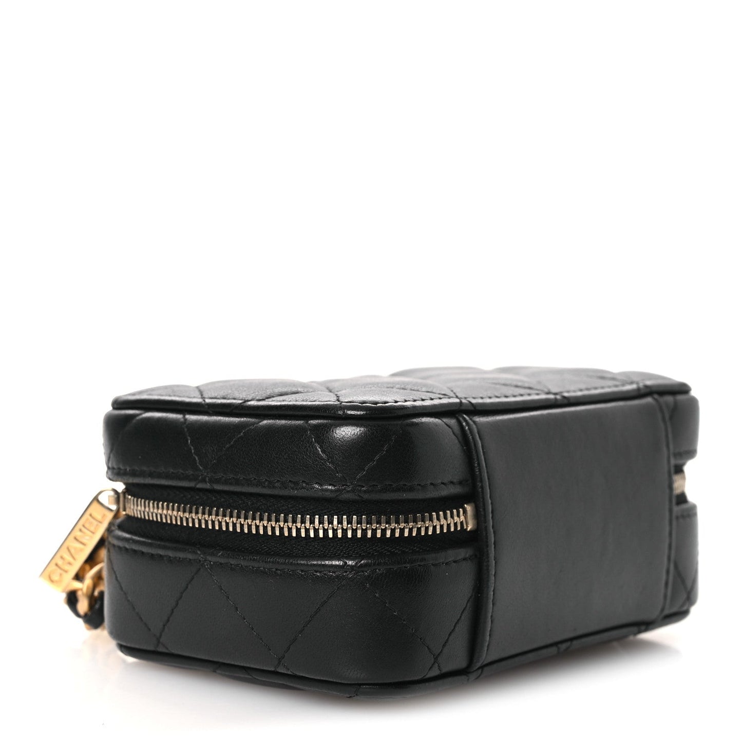 Lambskin Quilted Top Handle Mini Vanity Case Black
