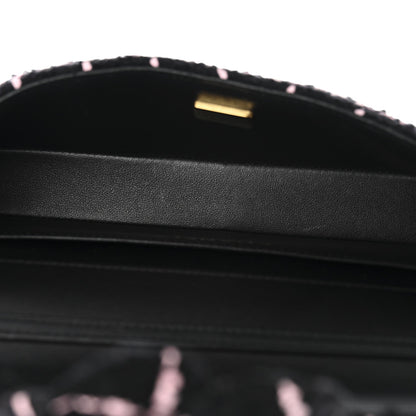 Tweed Quilted East West Camellia Clutch Black Pink