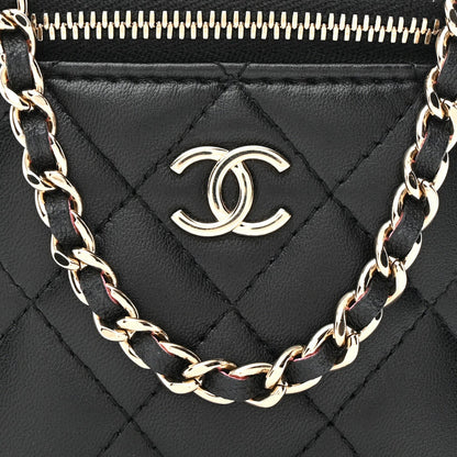 Lambskin Quilted Top Handle Mini Vanity Case With Chain Black Pink