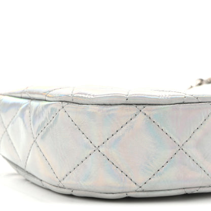 Iridescent Mirror Goatskin Quilted Clutch With Chain Silver