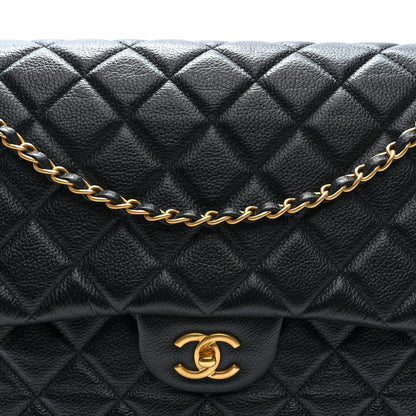 Grained Calfskin Quilted XXL Travel Flap Bag Black