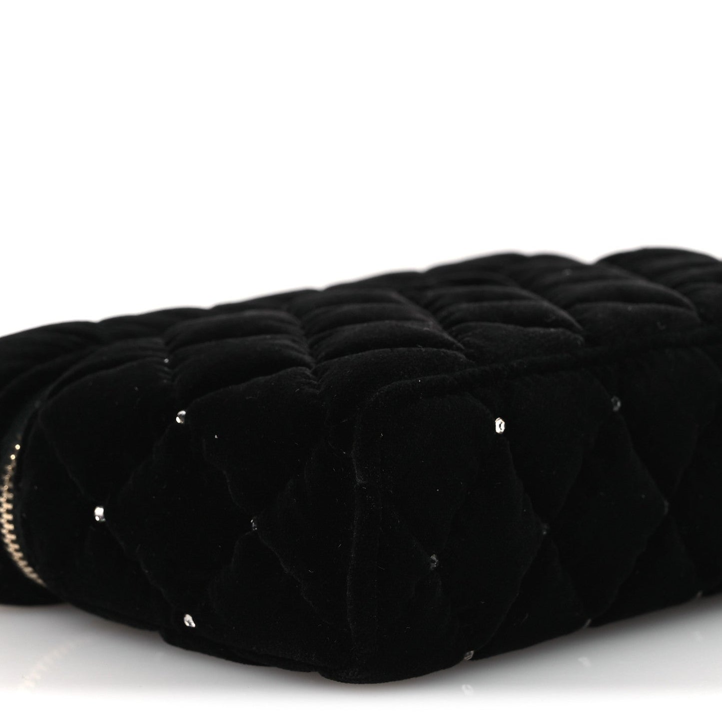 Velvet Diamanté Quilted Top Handle Slim Vanity Case With Chain Black