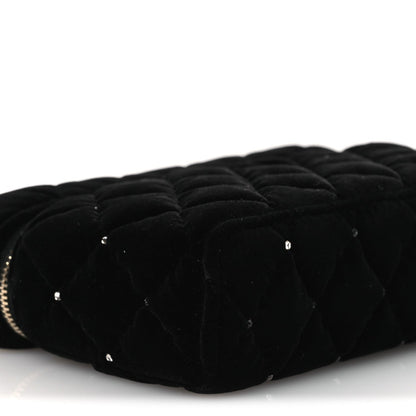 Velvet Diamanté Quilted Top Handle Slim Vanity Case With Chain Black