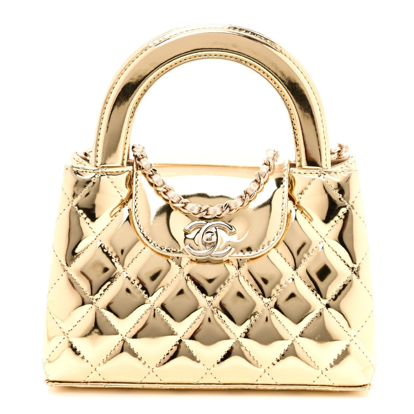 Mirror Calfskin Metallic Calfskin Quilted Nano Kelly Shopper Gold