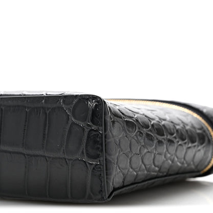 Calfskin Crocodile Embossed Large Top Handle Slim Vanity Case With Chain  Grey