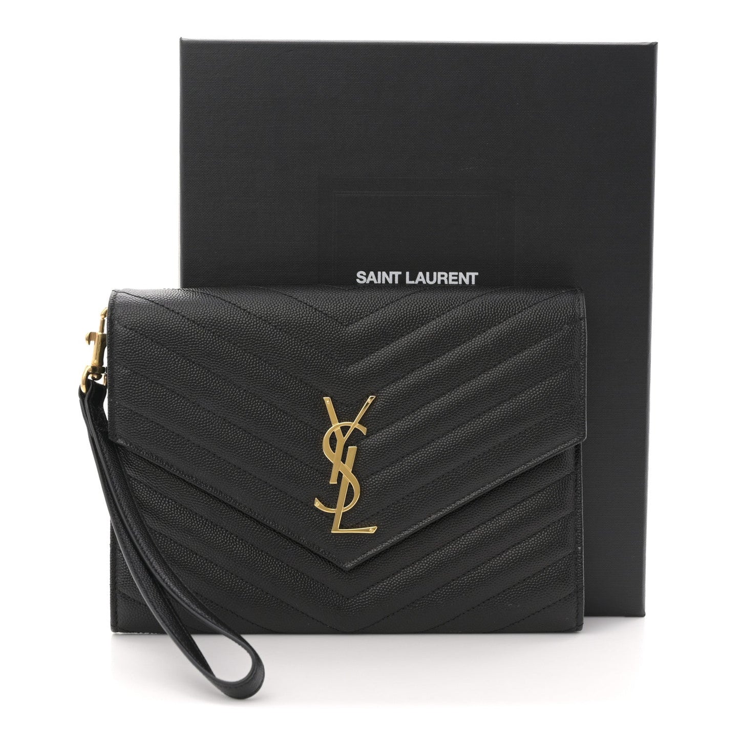 Grain De Poudre Matelasse Chevron Monogram Envelope Clutch Black