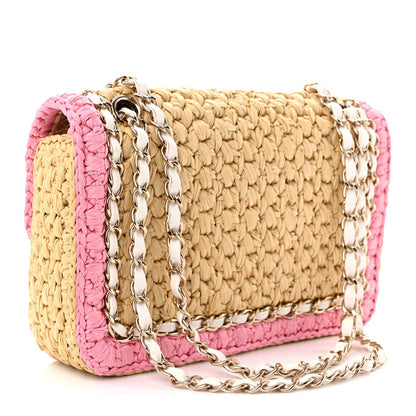Raffia Chain Venice Beach Flap Bag Beige Pink