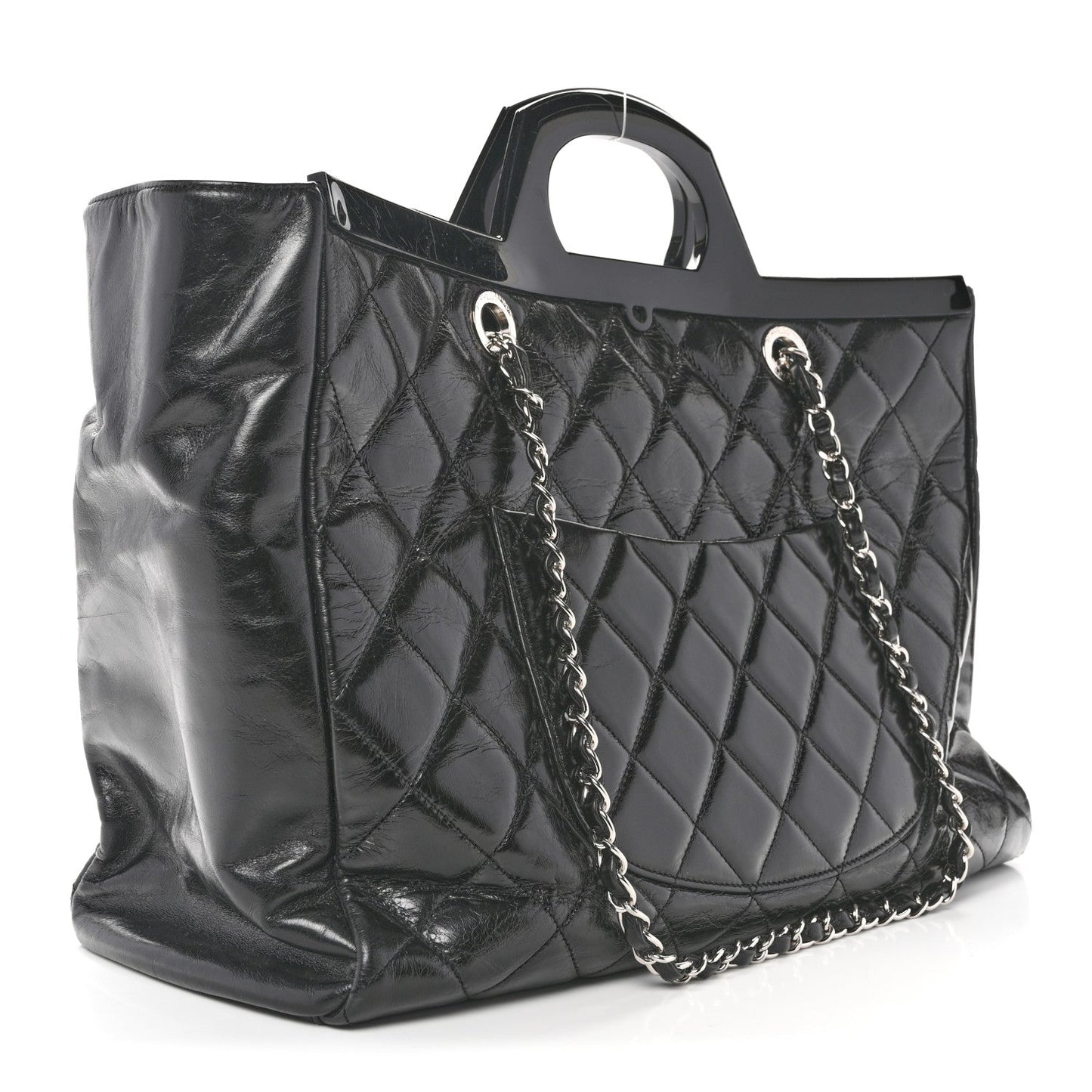 Glazed Calfskin Quilted Large CC Delivery Tote Black