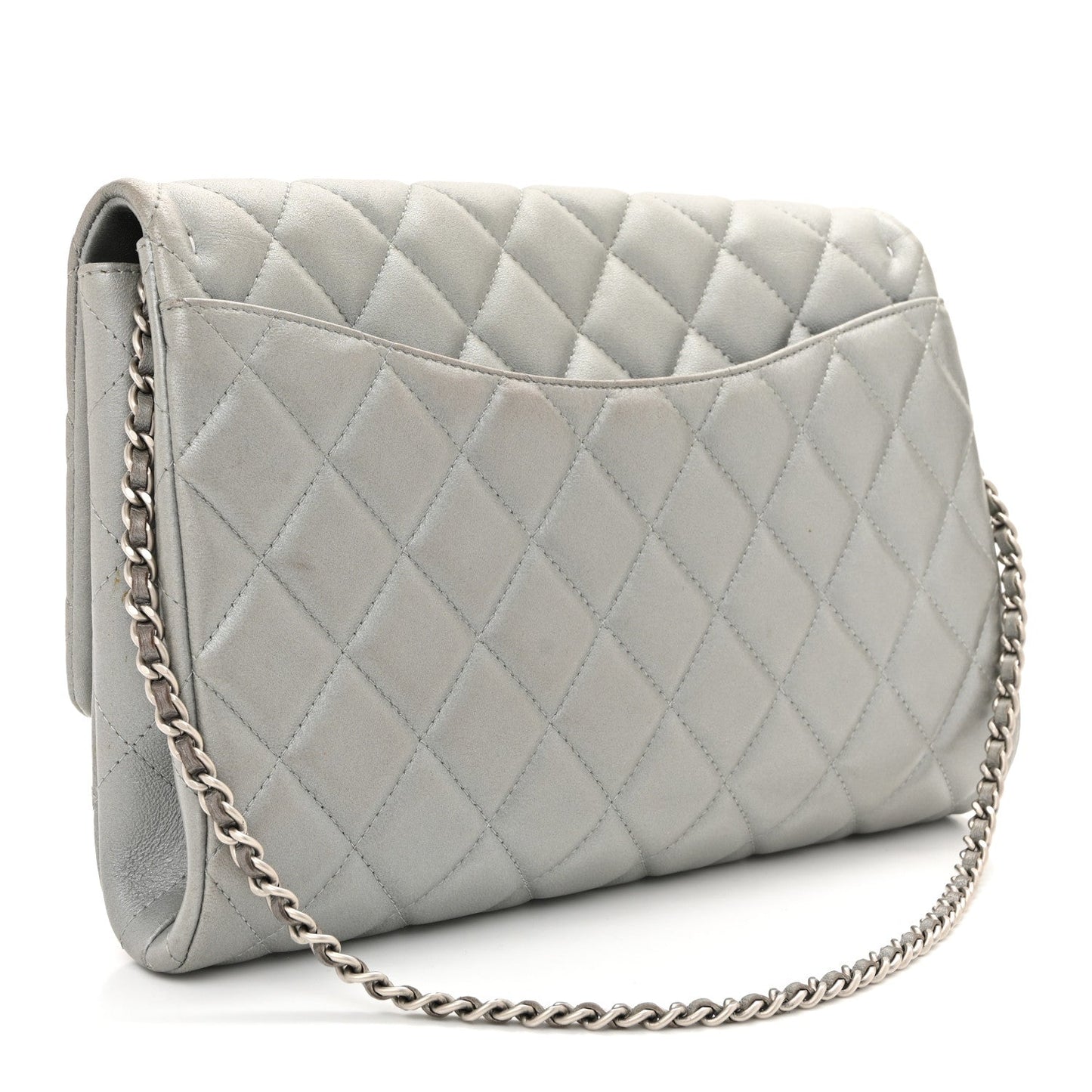 Metallic Lambskin Quilted Clutch With Chain Flap Silver
