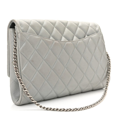 Metallic Lambskin Quilted Clutch With Chain Flap Silver