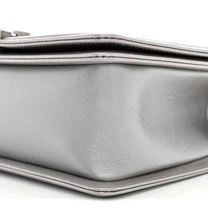Metallic Caviar Chevron Quilted Medium Boy Flap Silver