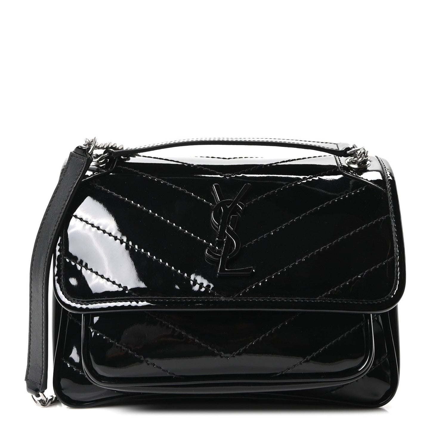 Patent Calfskin Matelasse Monogram Baby Niki Chain Satchel Black