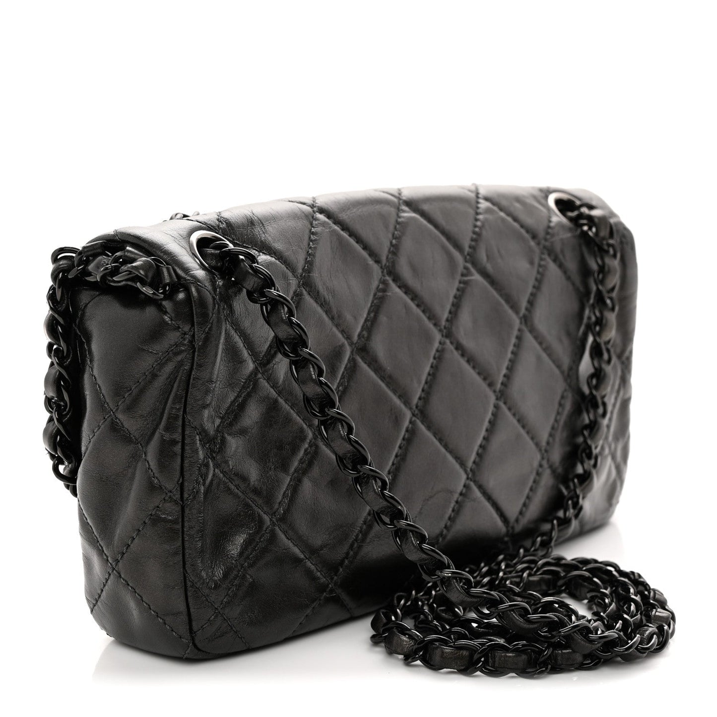 Metallic Calfskin Quilted Chain All Over Flap Bag Grey